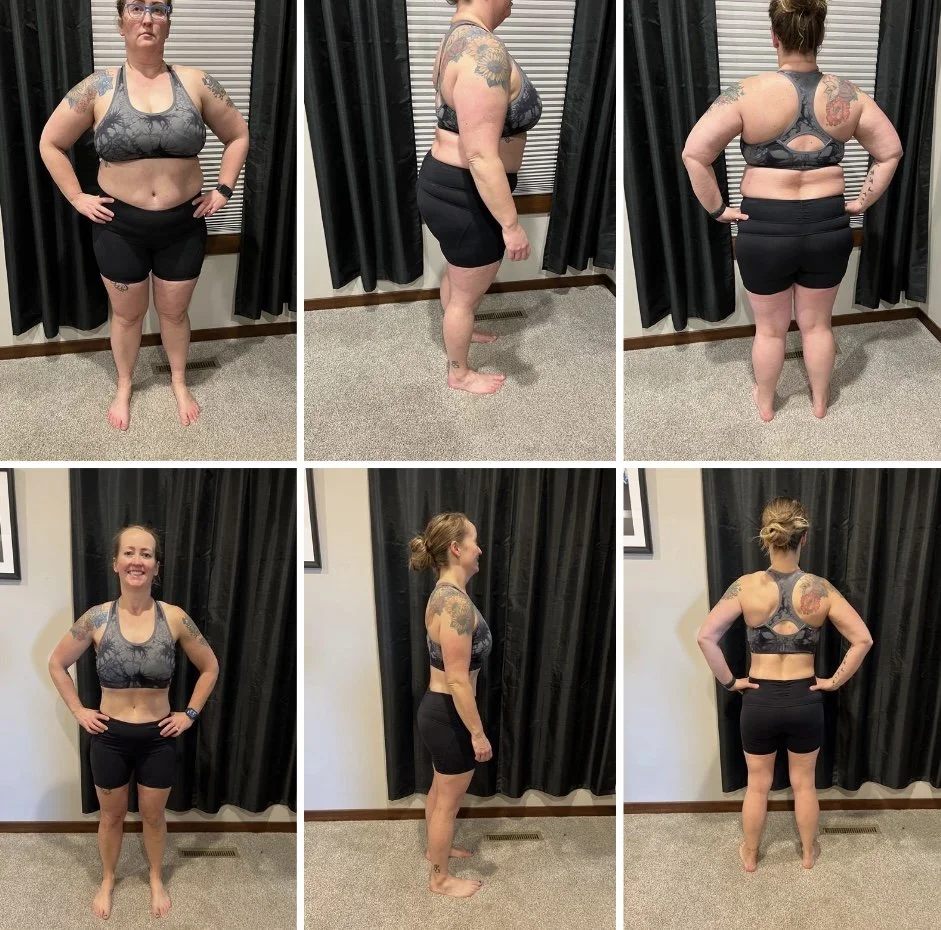 Client body composition progress — before and after coaching. Individual results vary.