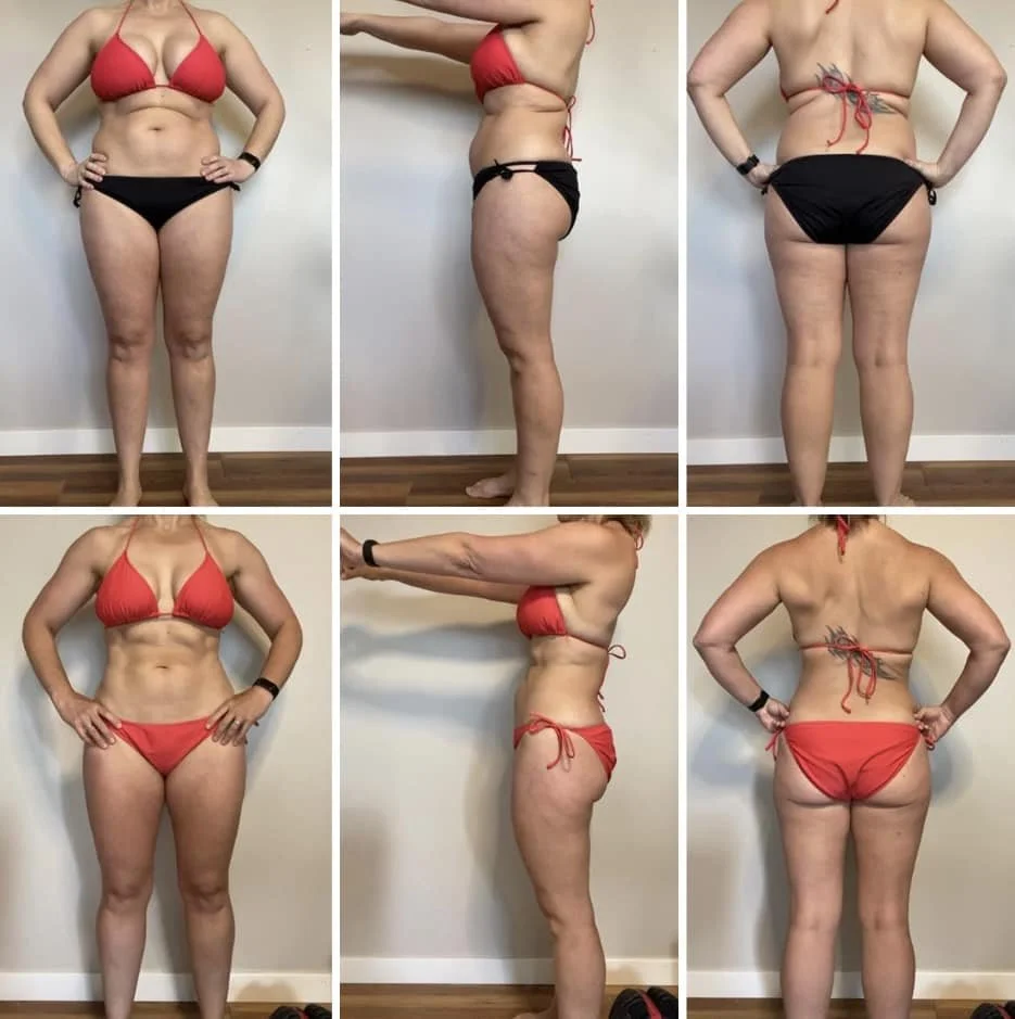 Client body composition progress — before and after coaching. Individual results vary.