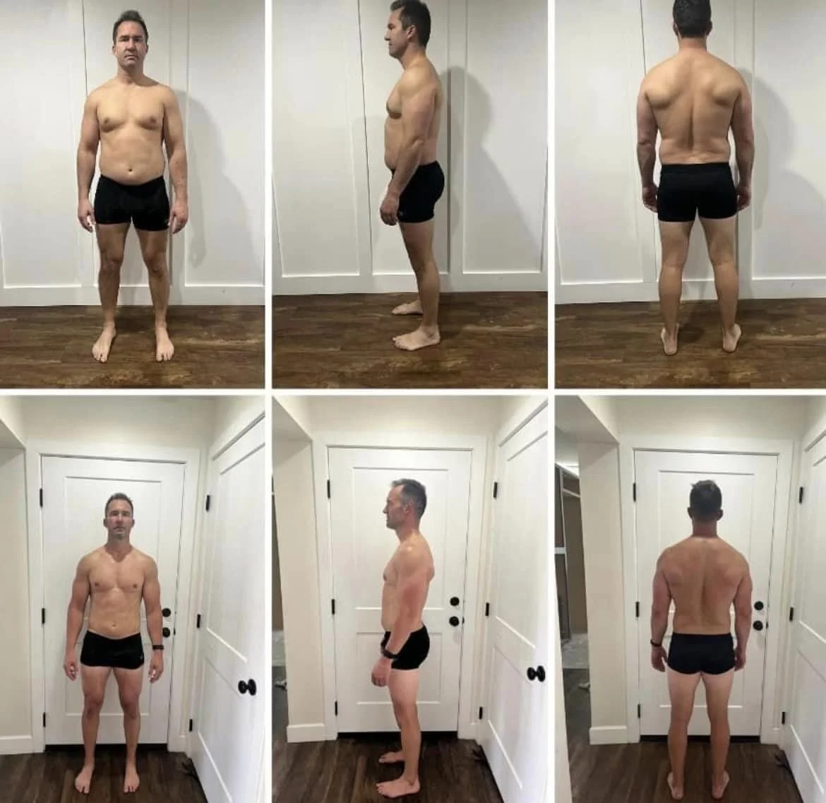Client body composition progress — before and after coaching. Individual results vary.